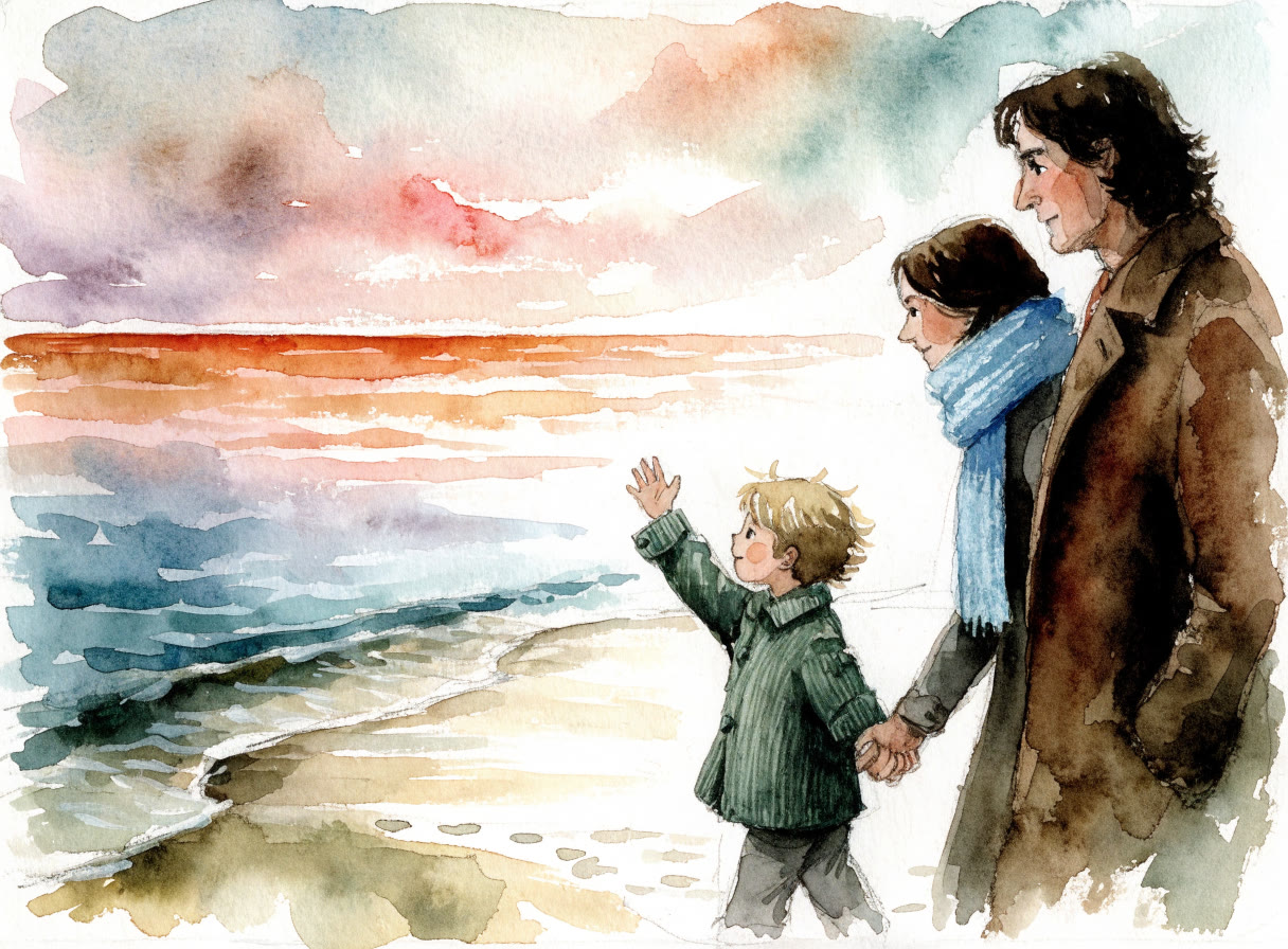 Danny waving goodbye to the sea, walking home with his parents at sunset