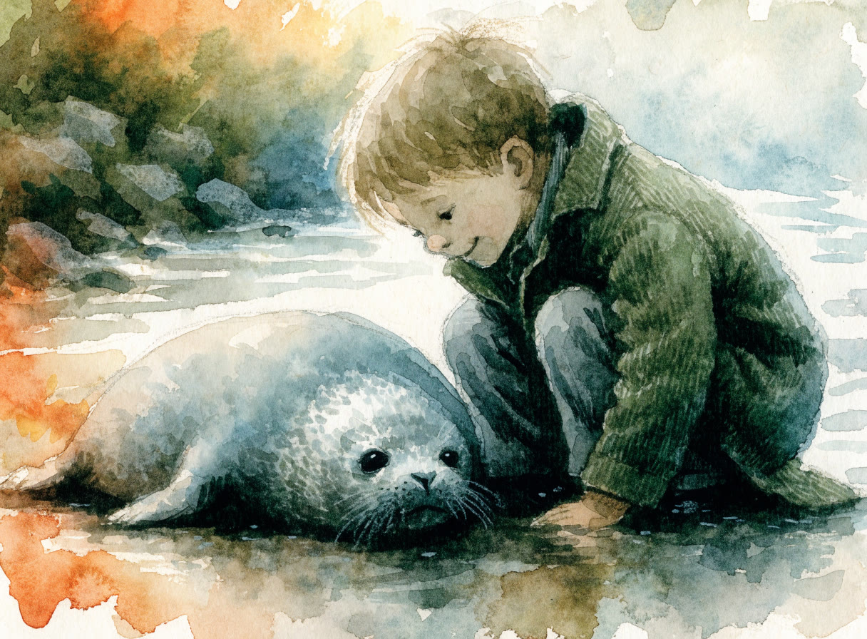 Danny kneeling face to face with the seal pup on the wet sand
