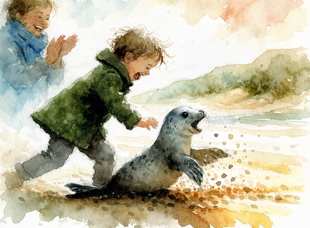 Danny running and laughing as the seal pup flips pebbles into the air